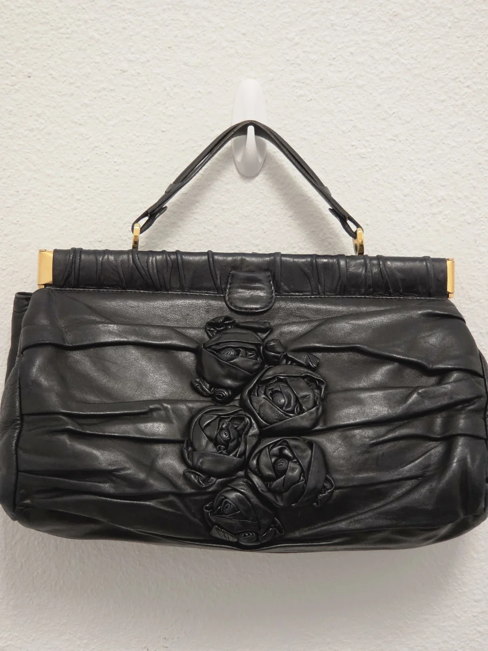 ​Valentino Black Leather Rose Applique Statement Bag with Additional Strap